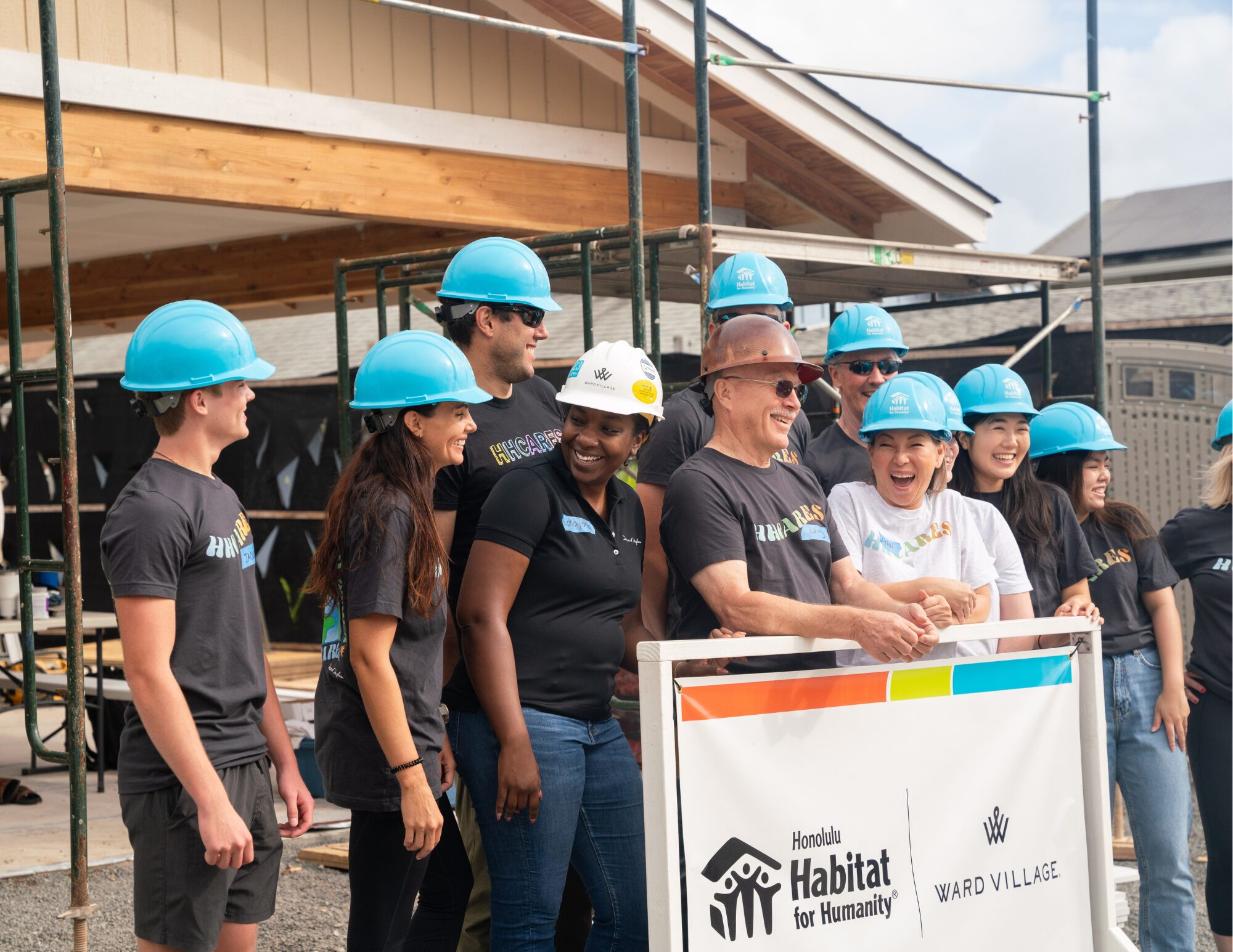 Volunteers building together
